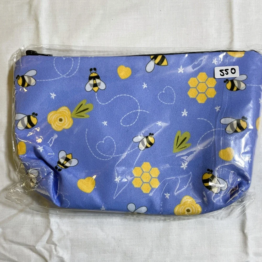 The Pouch Cosmetic Bag Womens Small Blue Bee Floral New Zipper‎ Travel Pouch